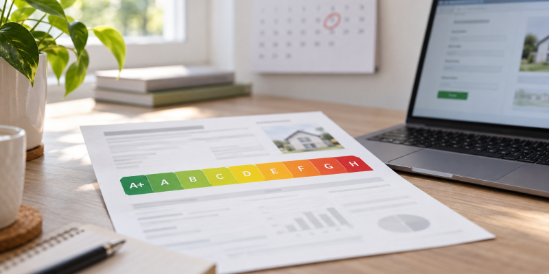 Energieausweis mit Energieeffizienzskala neben Laptop und Kalender auf einem Schreibtisch