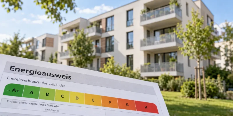 Mehrfamilienhaus mit Energieausweis und Energieeffizienzskala