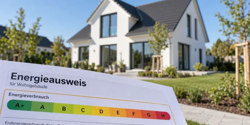 Neubau eines Wohngebaeudes mit Energieausweis und Energieeffizienzskala