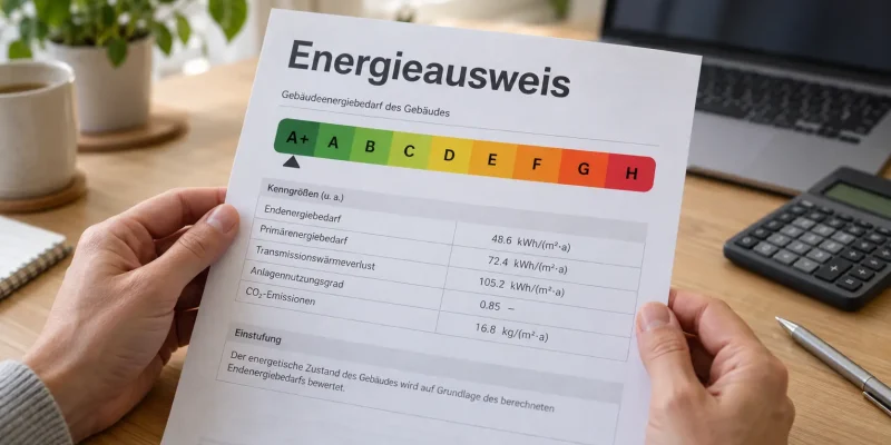 Energieausweis mit Energieeffizienzskala und Kennwerten auf einem Schreibtisch