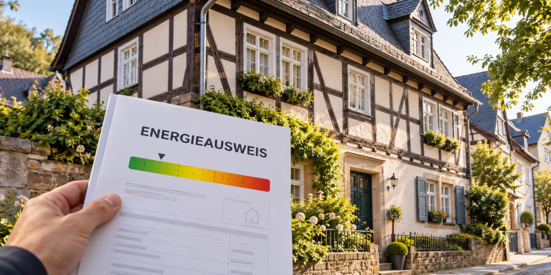 Energieausweis vor historischem Fachwerkhaus